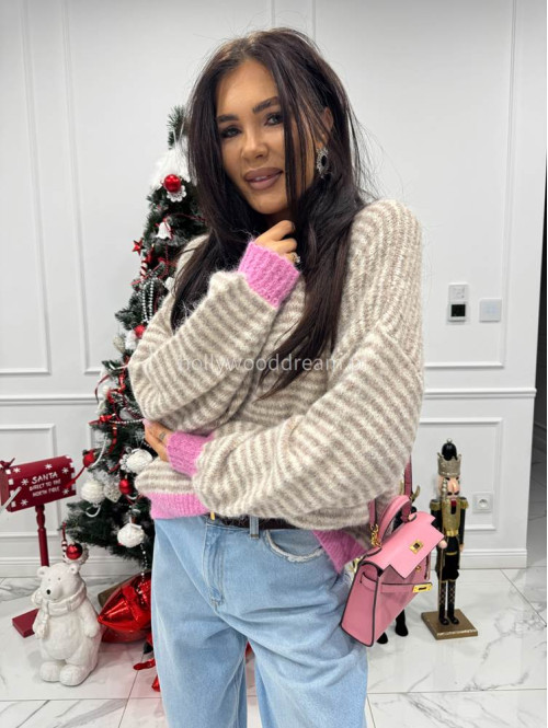 Sweter w beżowe paski z różową lamówką Olga 52 - photo #8