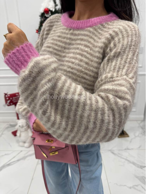 Sweter w beżowe paski z różową lamówką Olga 52 - photo #9