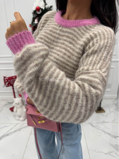 Sweter w beżowe paski z różową lamówką Olga 52 - photo #10