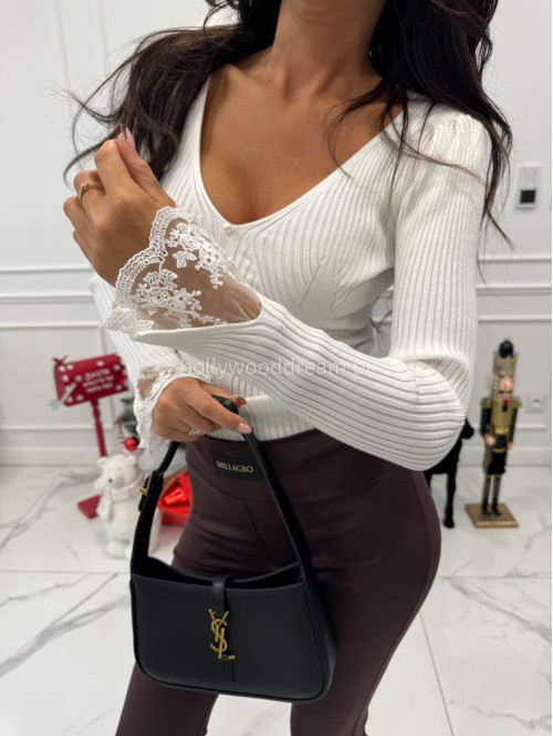 Kremowa bluzka prążkowana z ozdobnymi guzikami i koronką przy rękawie CHLOE 09 - photo #6