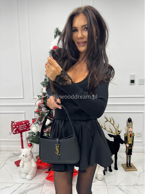 Czarna bluzka prążkowana z ozdobnymi guzikami i koronką przy rękawie CHLOE 09 - photo #3