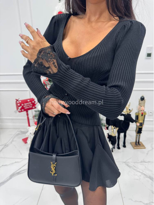 Czarna bluzka prążkowana z ozdobnymi guzikami i koronką przy rękawie CHLOE 09 - photo #5