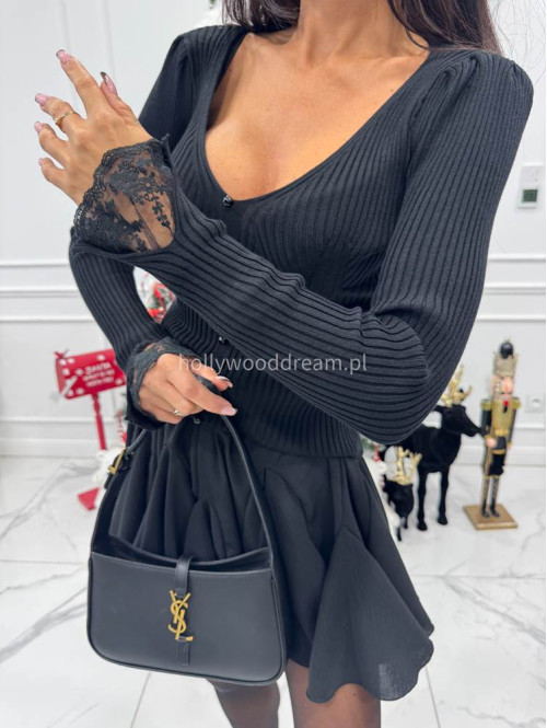 Czarna bluzka prążkowana z ozdobnymi guzikami i koronką przy rękawie CHLOE 09 - photo #6