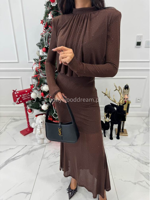 Brązowa sukienka maxi z półgolfem i z cekinami DOROTA 09 - photo #1