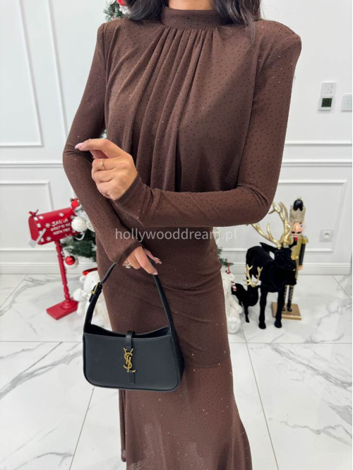 Brązowa sukienka maxi z półgolfem i z cekinami DOROTA 09 - photo #2