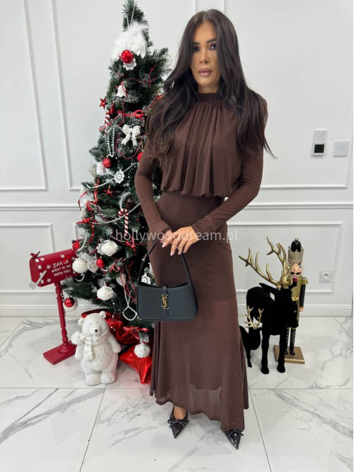 Brązowa sukienka maxi z półgolfem i z cekinami DOROTA 09 - photo #3