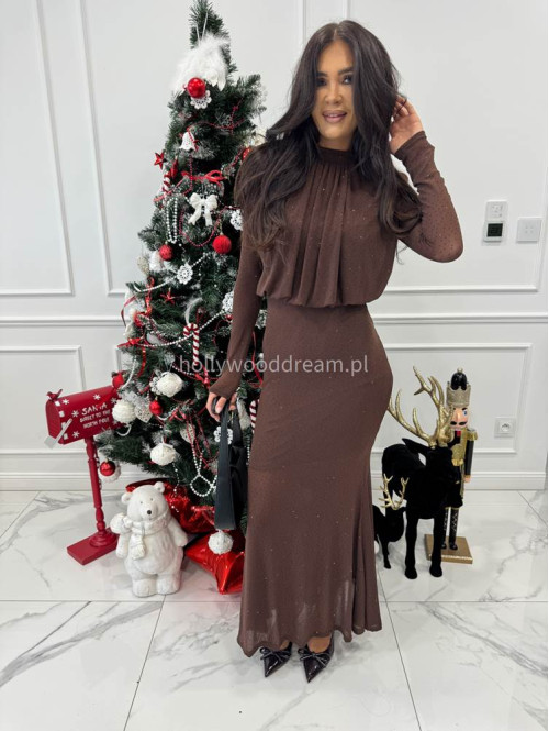 Brązowa sukienka maxi z półgolfem i z cekinami DOROTA 09 - photo #4