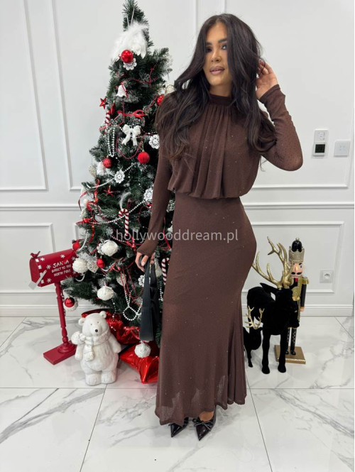 Brązowa sukienka maxi z półgolfem i z cekinami DOROTA 09 - photo #5