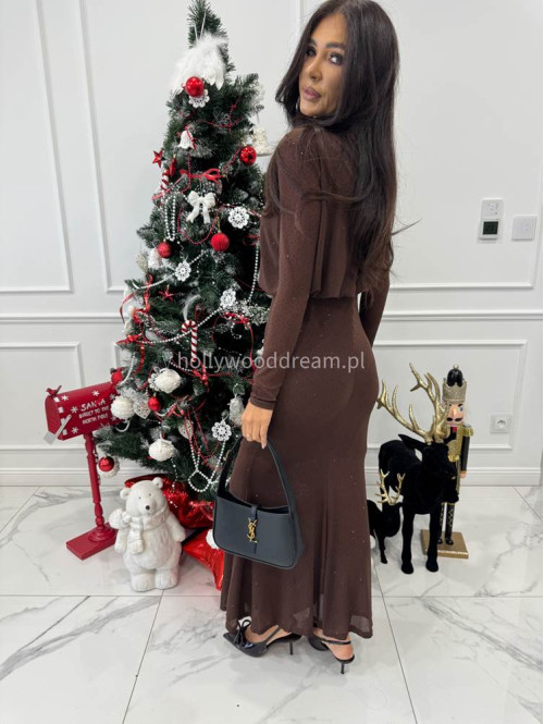 Brązowa sukienka maxi z półgolfem i z cekinami DOROTA 09 - photo #6