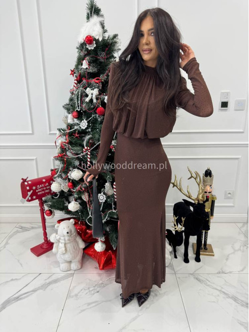 Brązowa sukienka maxi z półgolfem i z cekinami DOROTA 09 - photo #7