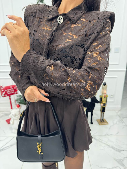 Brązowa koszula koronkowa z broszką DELICATE 172 - photo #5