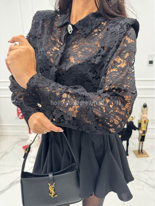 Czarna koszula koronkowa z broszką DELICATE 172 - photo #3