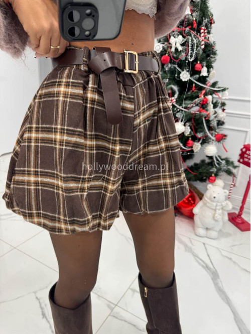Brązowo-karmelowe spodenki bombka w kratę z paskiem TADEJ 172 - photo #3