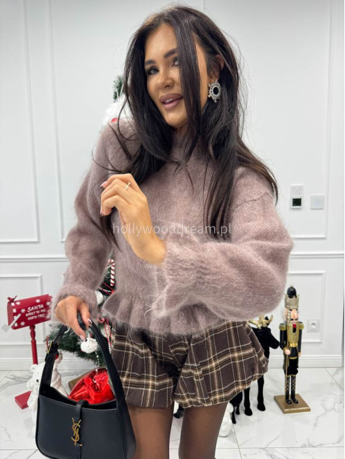 Brązowo-karmelowe spodenki bombka w kratę z paskiem TADEJ 172 - photo #8