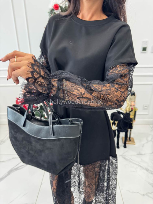 Czarna torebka duża zamszowa ze wstawkami skórzanymi LEATHER