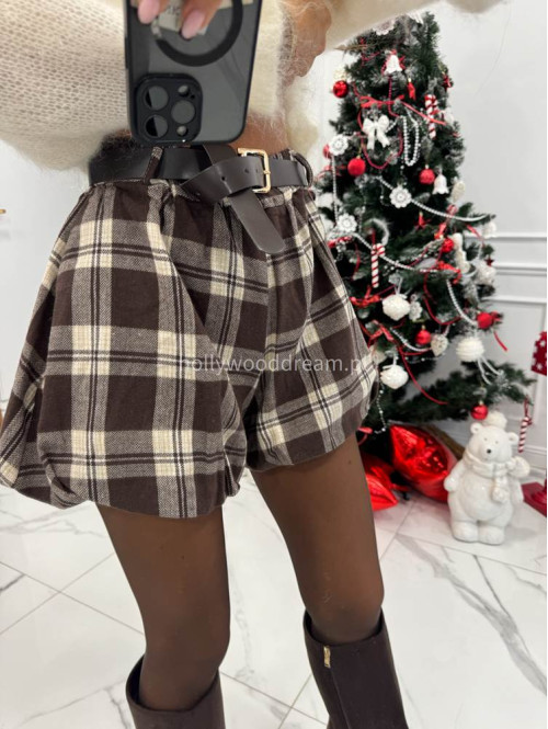 Brązowo-kremowe spodenki bombka w kratę z paskiem TADEJ 172 - photo #11