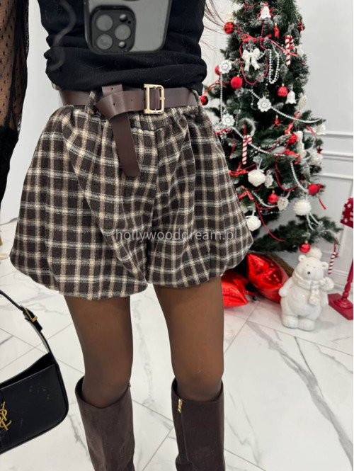 Brązowo-beżowe spodenki bombka w drobną kratę z paskiem TADEJ 172 - photo #13