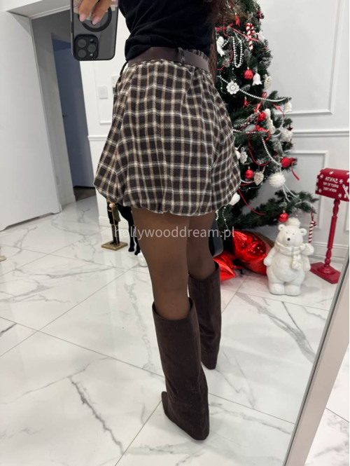 Brązowo-beżowe spodenki bombka w drobną kratę z paskiem TADEJ 172 - photo #14