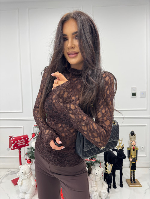 Brązowa bluzka koronkowa transparentna z długim rękawem i golfem KANSAS 30