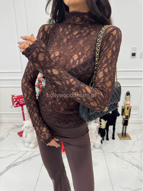 Brązowa bluzka koronkowa transparentna z długim rękawem i golfem KANSAS 30 - photo #1