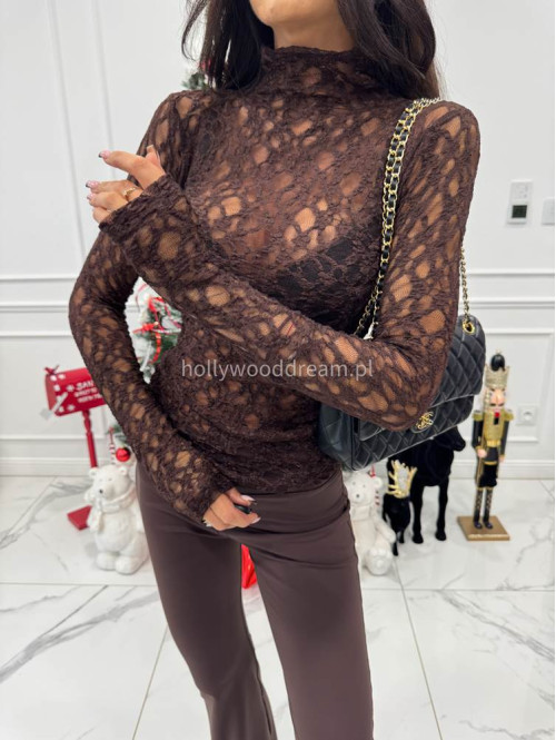 Brązowa bluzka koronkowa transparentna z długim rękawem i golfem KANSAS 30 - photo #2