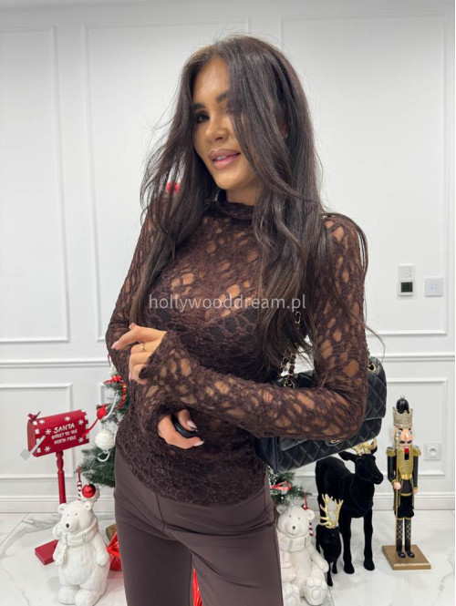 Brązowa bluzka koronkowa transparentna z długim rękawem i golfem KANSAS 30 - photo #3