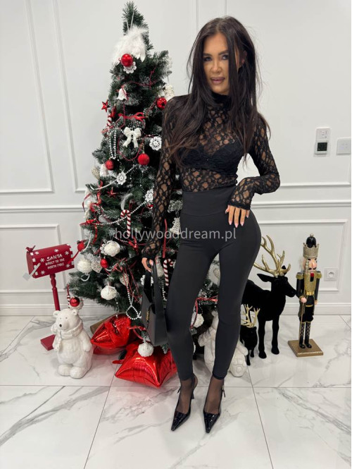 Czarna bluzka koronkowa transparentna z długim rękawem i golfem KANSAS 30 - photo #2