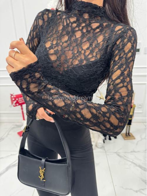 Czarna bluzka koronkowa transparentna z długim rękawem i golfem KANSAS 30 - photo #7