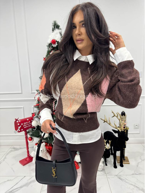 Brązowo-różowy sweter oversize we wzór rombów JIMMY 09 - photo #4