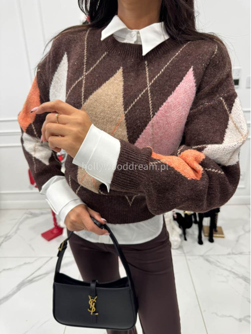 Brązowo-różowy sweter oversize we wzór rombów JIMMY 09 - photo #5