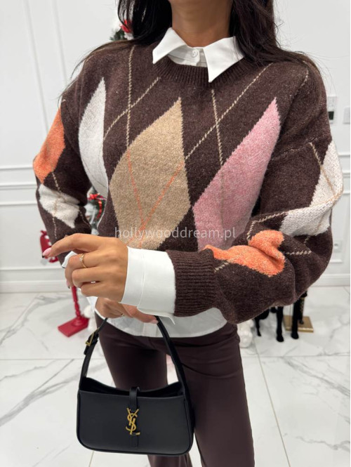 Brązowo-różowy sweter oversize we wzór rombów JIMMY 09 - photo #6