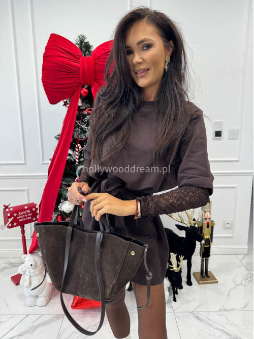 Czekoladowa sukienka mini oversize z rękawami koronkowymi + pasek NOAH 44 - photo #6