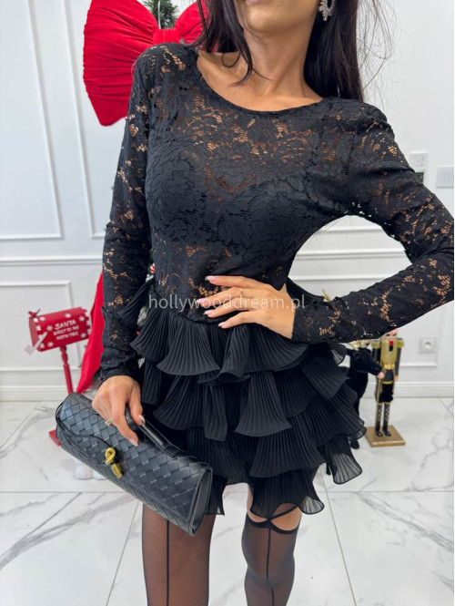 Czarna sukienka mini z koronkową górą i falbaną na dole GRACE 17 - photo #7