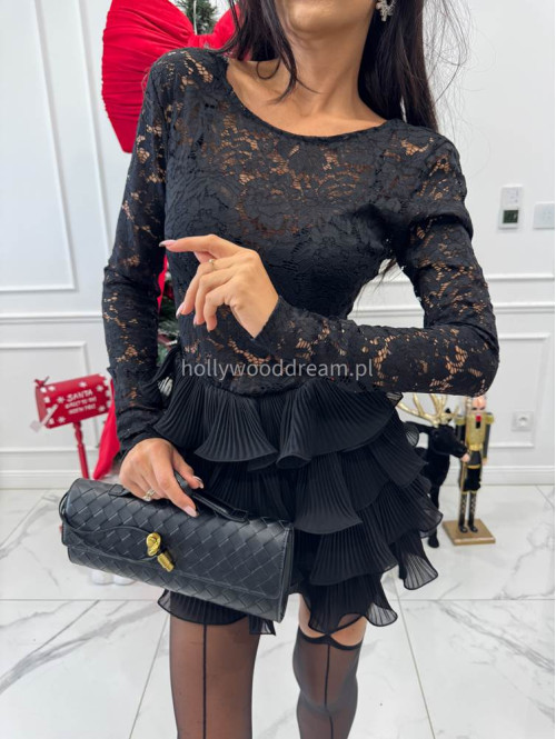 Czarna sukienka mini z koronkową górą i falbaną na dole GRACE 17 - photo #8