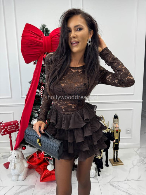 Brązowa sukienka mini z koronkową górą i falbaną na dole GRACE 17 - photo #9