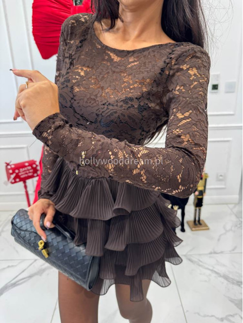 Brązowa sukienka mini z koronkową górą i falbaną na dole GRACE 17 - photo #12
