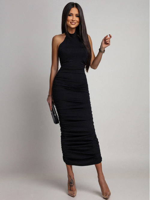 Czarna sukienka maxi marszczona z dekoltem halter CASTOR 26