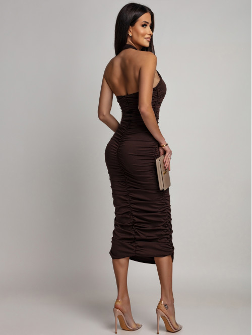 Brązowa sukienka maxi marszczona z dekoltem halter CASTOR 26 - photo #0