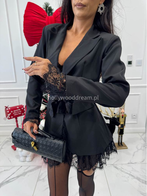 Czarna marynarka z koronkowymi wstawkami i paskiem CELESTIA 17 - photo #7