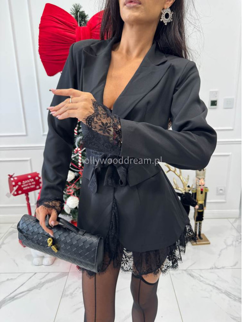 Czarna marynarka z koronkowymi wstawkami i paskiem CELESTIA 17 - photo #8