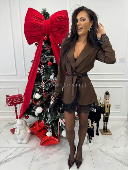 Brązowa marynarka z koronkowymi wstawkami i paskiem CELESTIA 17 - photo #1