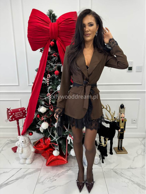 Brązowa marynarka z koronkowymi wstawkami i paskiem CELESTIA 17 - photo #4