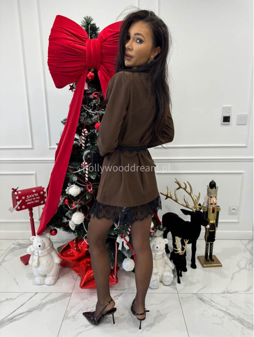 Brązowa marynarka z koronkowymi wstawkami i paskiem CELESTIA 17 - photo #6