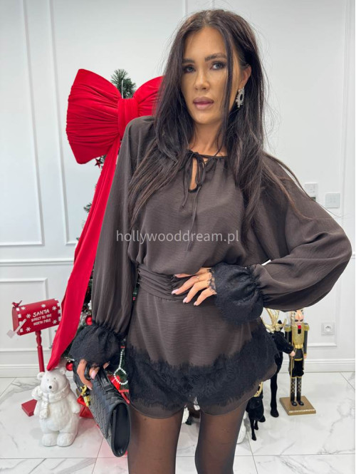 Brązowy sukienko - kombinezon z wiązaniem zdobiony koronką Roxane 17 - photo #3