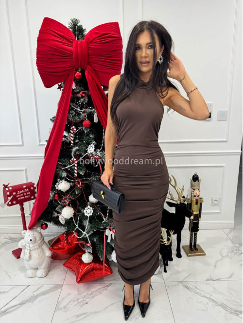 Brązowa sukienka maxi marszczona z dekoltem halter CASTOR 26 - photo #5