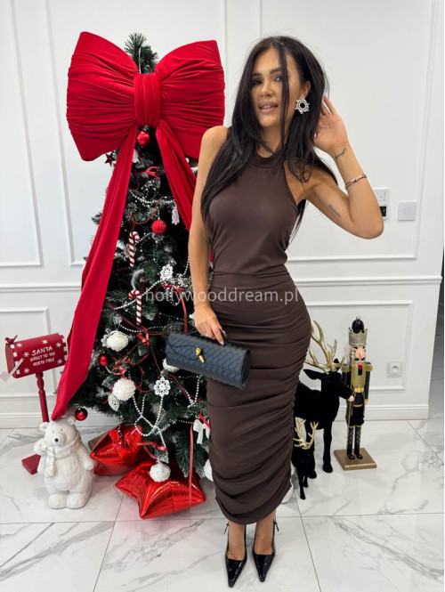 Brązowa sukienka maxi marszczona z dekoltem halter CASTOR 26 - photo #6