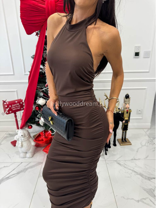 Brązowa sukienka maxi marszczona z dekoltem halter CASTOR 26 - photo #8