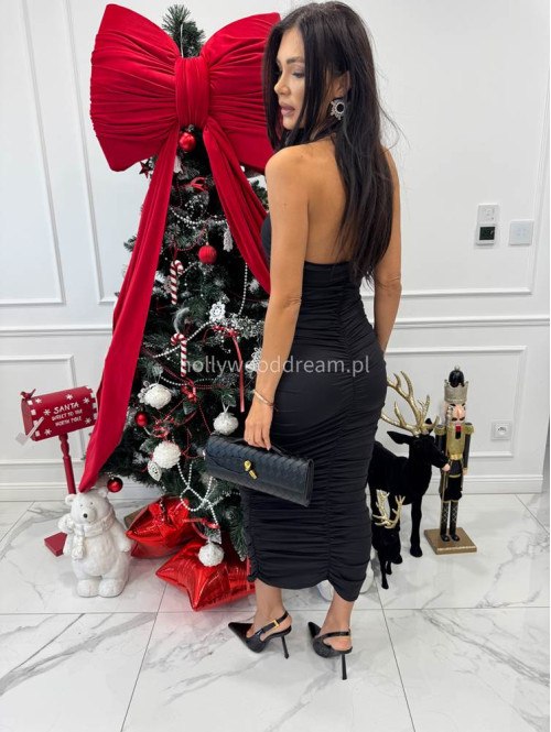 Czarna sukienka maxi marszczona z dekoltem halter CASTOR 26 - photo #10