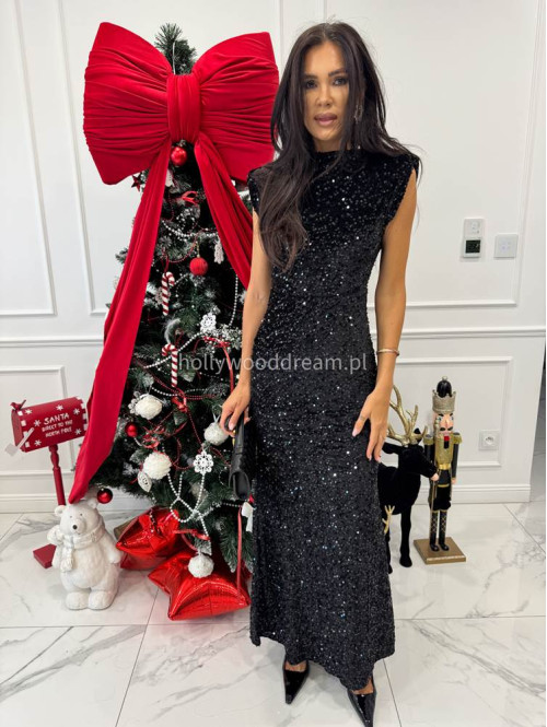 Czarna sukienka maxi cekinowa z wycięciem na plecach BRIGITTE 26 - photo #1