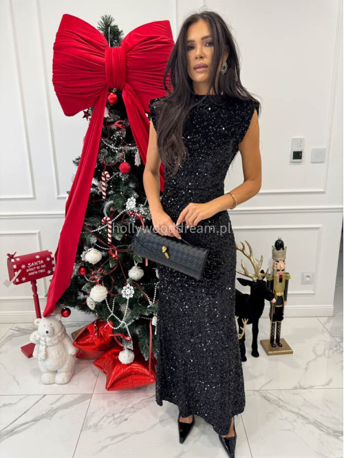 Czarna sukienka maxi cekinowa z wycięciem na plecach BRIGITTE 26 - photo #2